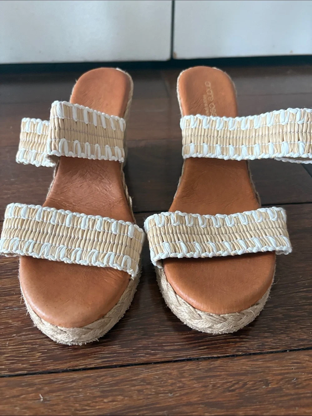 Andre Assous Cream Woven Espadrille Wedge Sandals 37/7 made in Spain